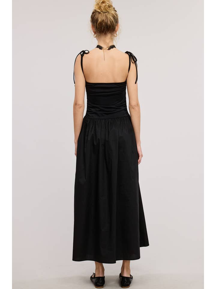 Mimosa - Wholesale Dress - Women's - Ruched Bodice Flared Midi Dress with Ribbon Straps