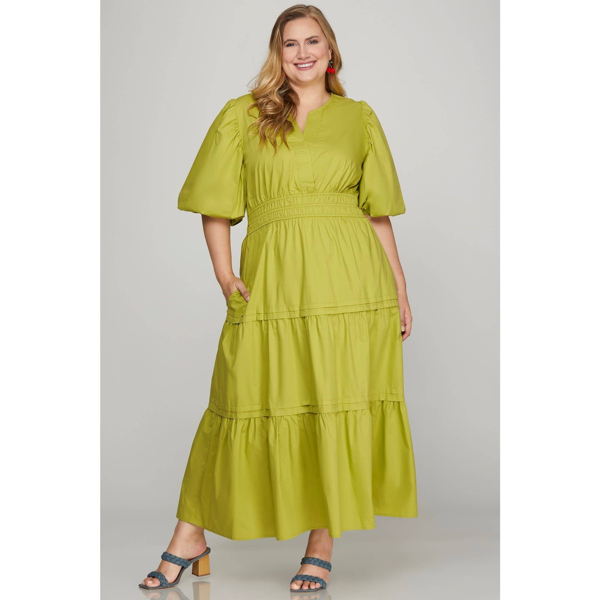 Curve Market - Wholesale Dress - Women's - PLUS SIZE POPLIN V NECK BALLOON SLEEVE WITH POCKETS TIERED M2