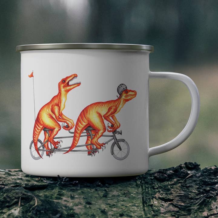Raptors riding a tandem bike enamel mug with stainless rim for wholesale by Sardines Studio