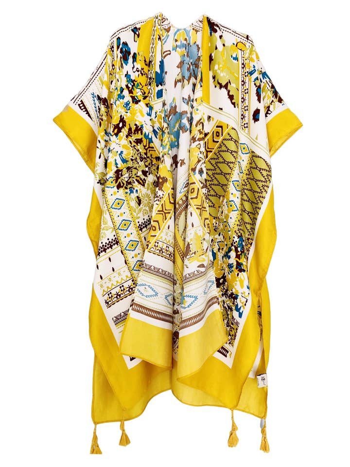 JC083378 Kimono Amarelo-Azul com Ênono Floral por atacado de JC Sunny Fashion