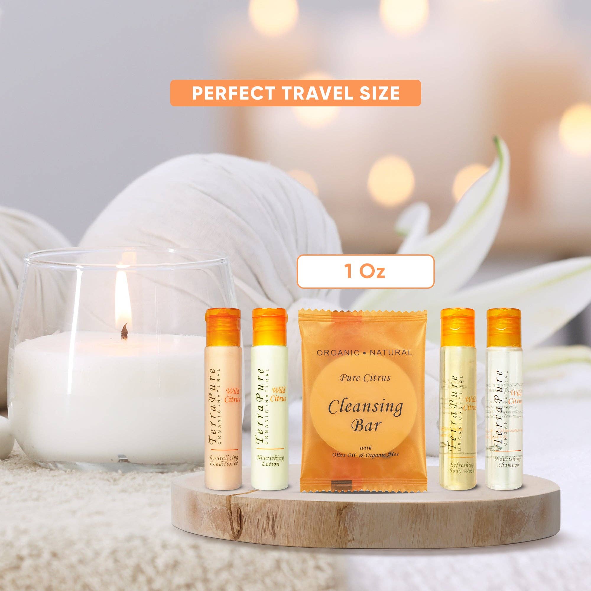 Diversified Hospitality Solutions – Engroshandel Bade- og kropssæt – Terra Pure Wild Citrus Hotel Sæber og Toiletartikler Bulk Sæt | 1-Shoppe All-In-Kit til Hoteller | 1oz Shampoo & Balsam, Body Wash, Lotion & 1.25oz Sæbebar | Rejsestørrelse Toiletartikler 75 Stykker4