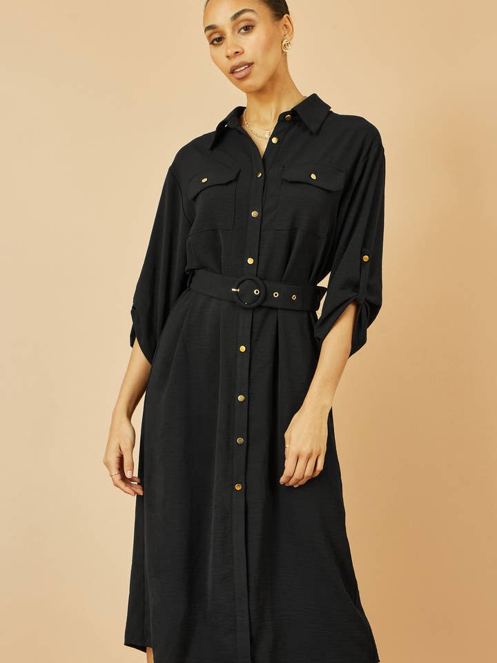 Yumi Black Stretch Midi Shirt Dress for wholesale by Yumi