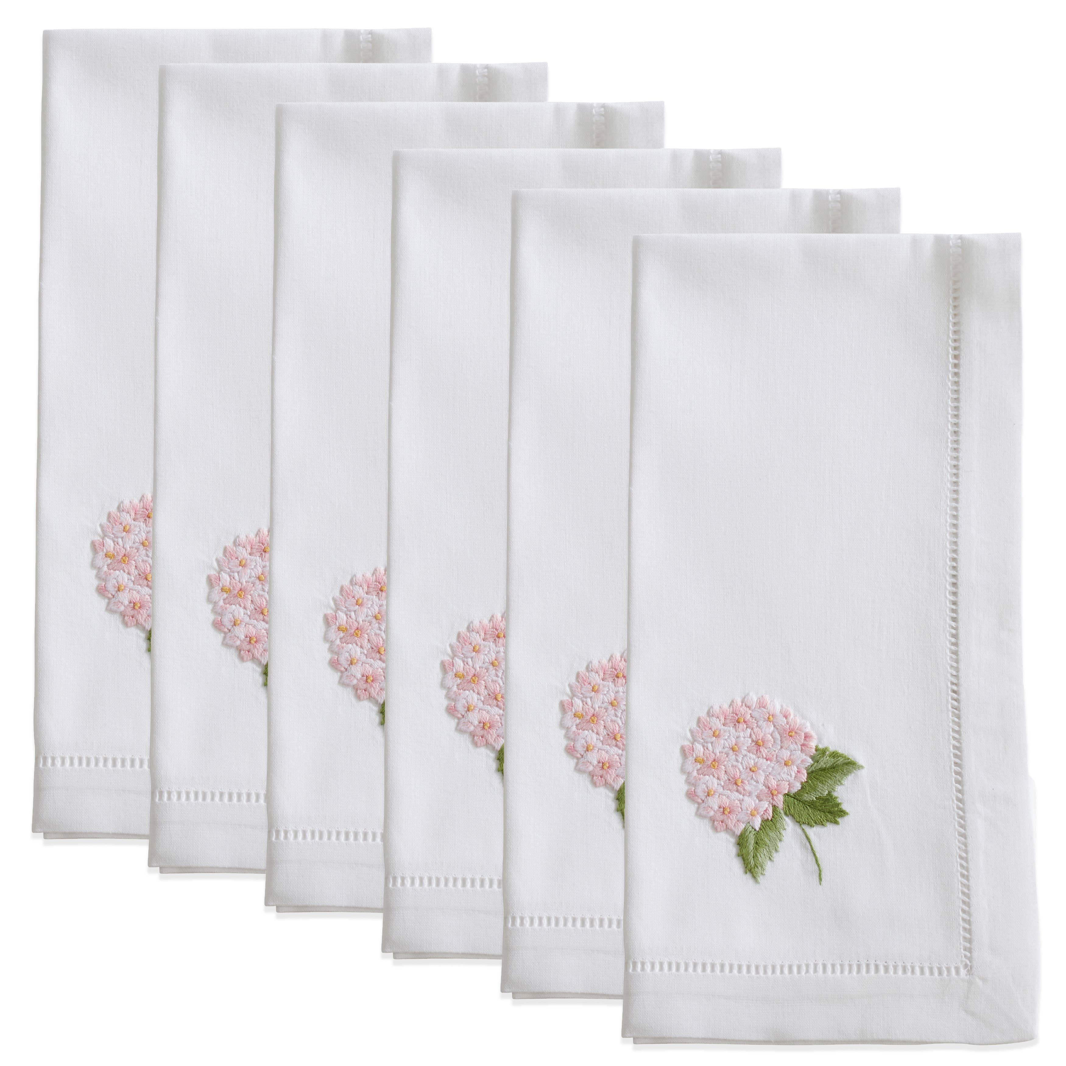 White Embr'd Pink Hydrangea Hemstitch Napkin for wholesale on Faire3