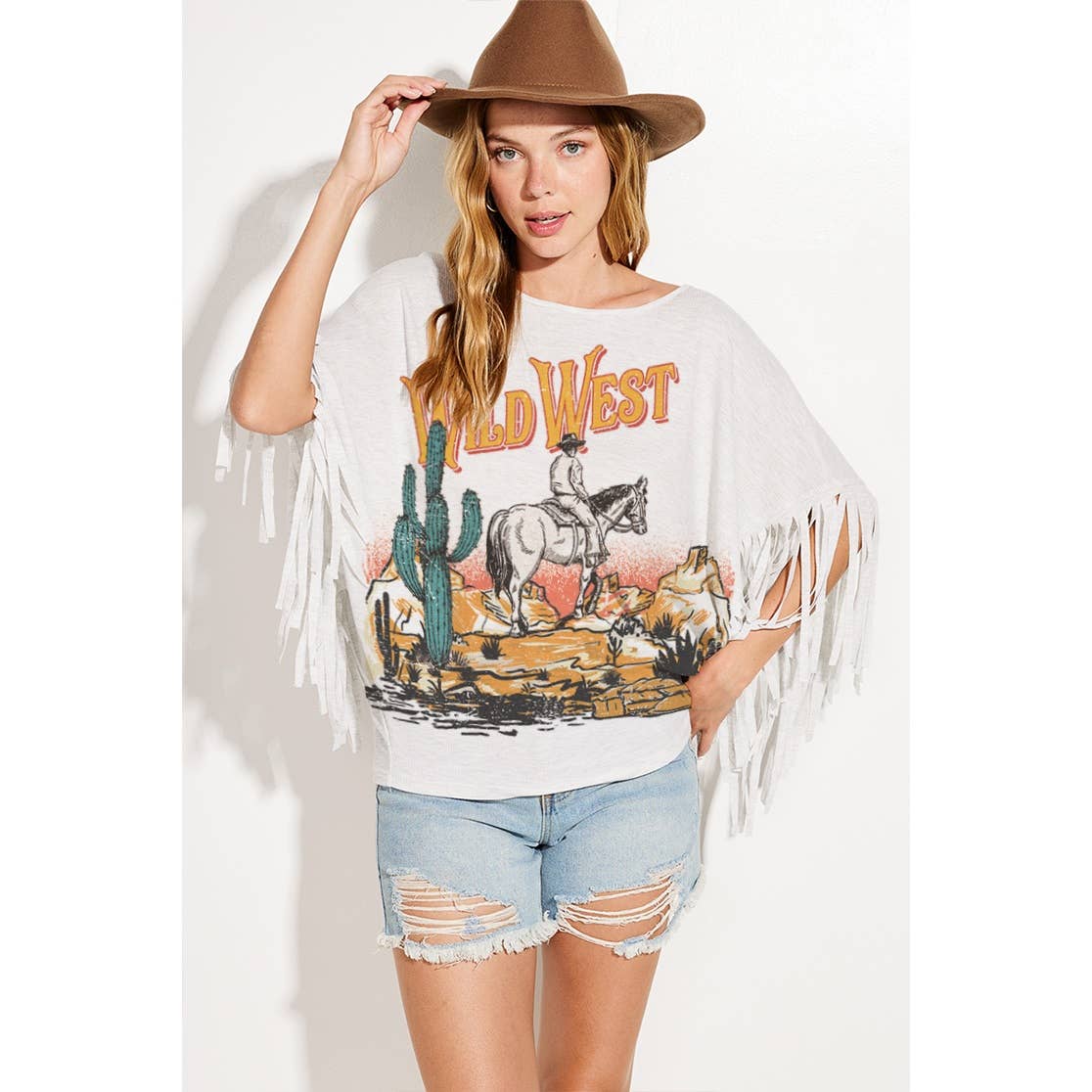 Phil Love - Vente T-shirt sérigraphié – femme - Top à franges Wild West Dolman1