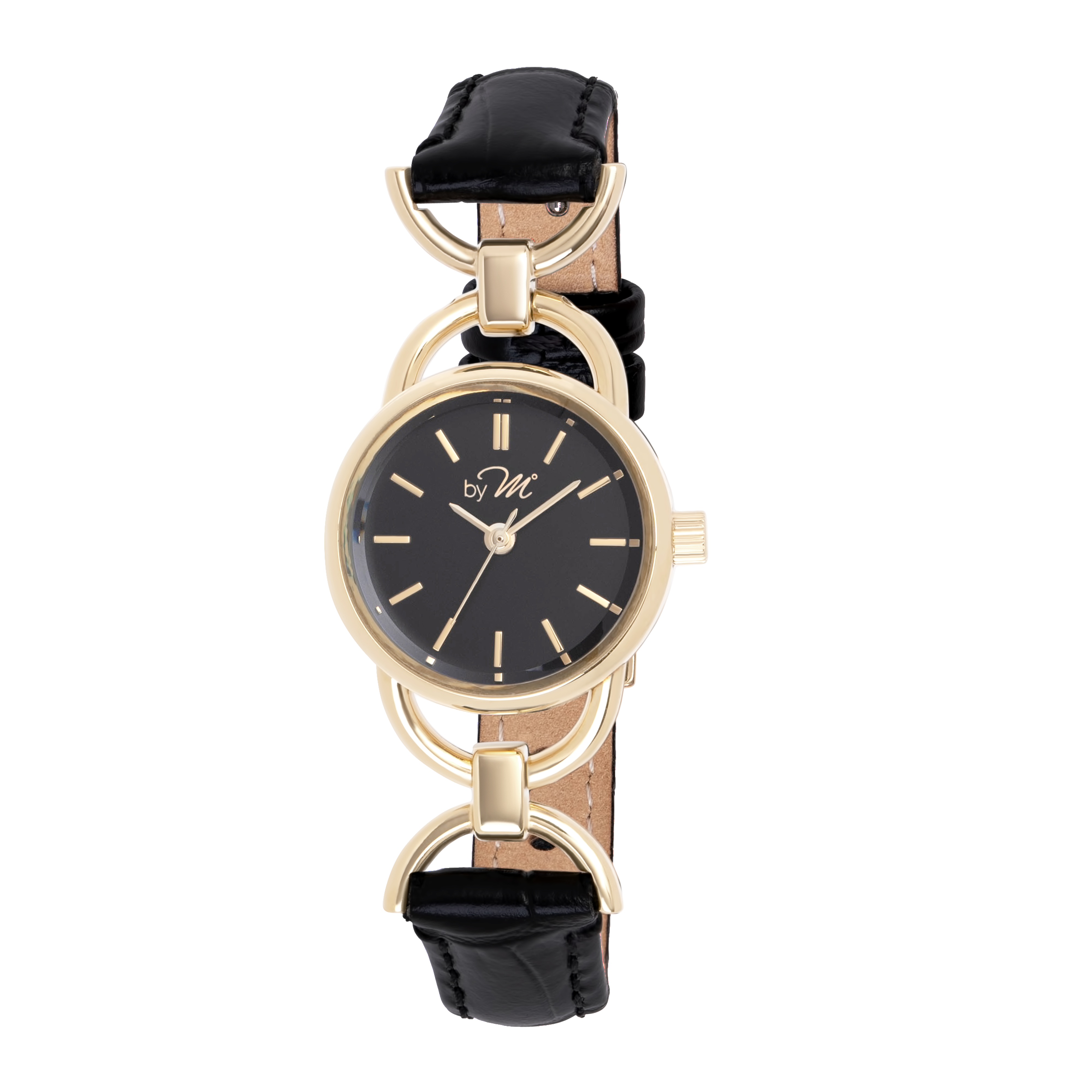 by M degrees – Großhandel Armbanduhr – Damen – 80er-Jahre Vintage-inspirierte Schwarz-Goldene Runde Uhr – Schwarzes Leder0