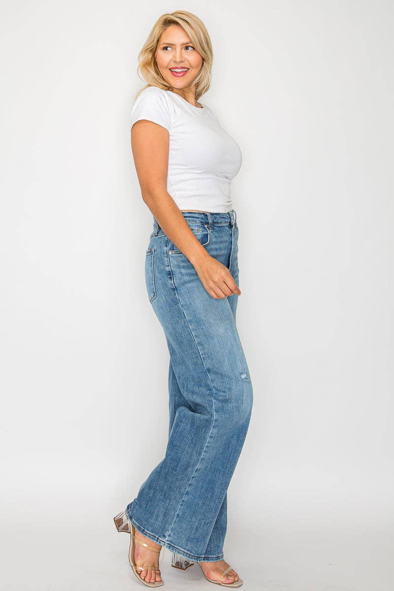 Blå Jeans med høj talje og vide ben i plus size #BT5016X for engroshandel på Faire16