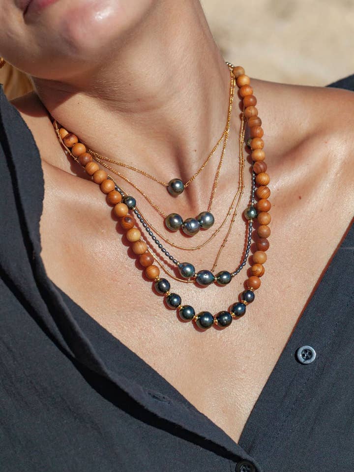 Seven Tahitian Pearl Sandalwood Necklace - Moana for wholesale by Ke Aloha Jewelry