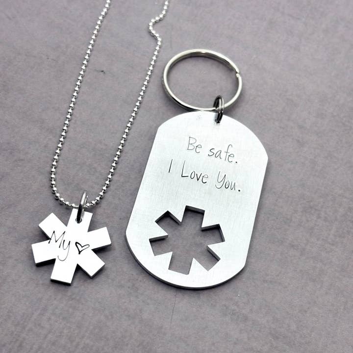 EMS Gift Set “Be safe. I love you.” Keychain & Necklace Set for wholesale by Delena Wright Artisan Jewelry