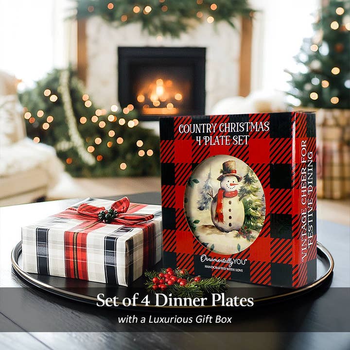 OrnamentallyYou - Wholesale Dinnerware Set - Holiday Cheer Set of 4 Plates with Real Gold Plaid Trim2