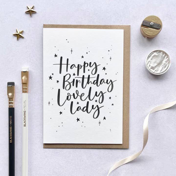 Happy Birthday Lovely Lady for wholesale by Jen Roffe Lettering Studio