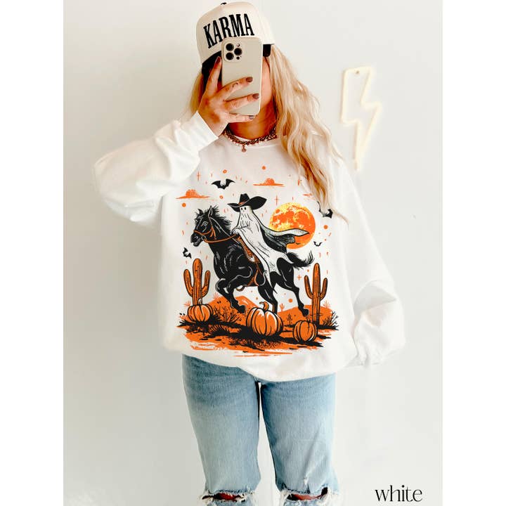 Sudadera retro de Halloween, suéter vaquero fantasma de Halloween para venta al por mayor de NVC Ecommerce LLC