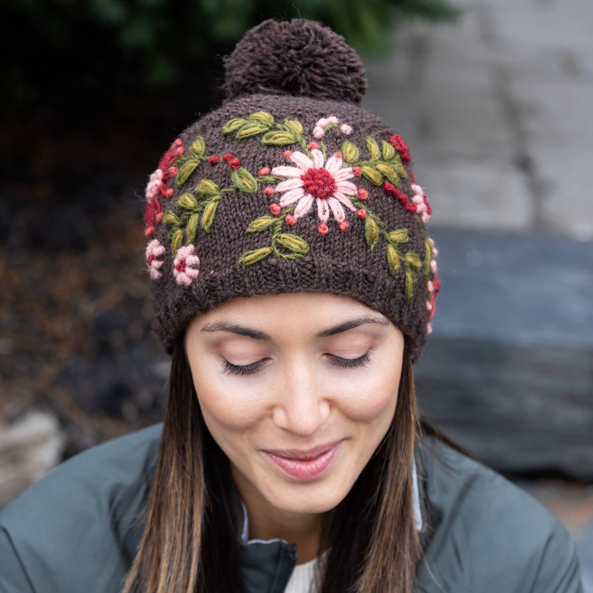 Lost Horizons Knitwear – Ships from USA - Wholesale Beanie - Women's - Olivia Hand-Embroidered Wool Hat with Pom1
