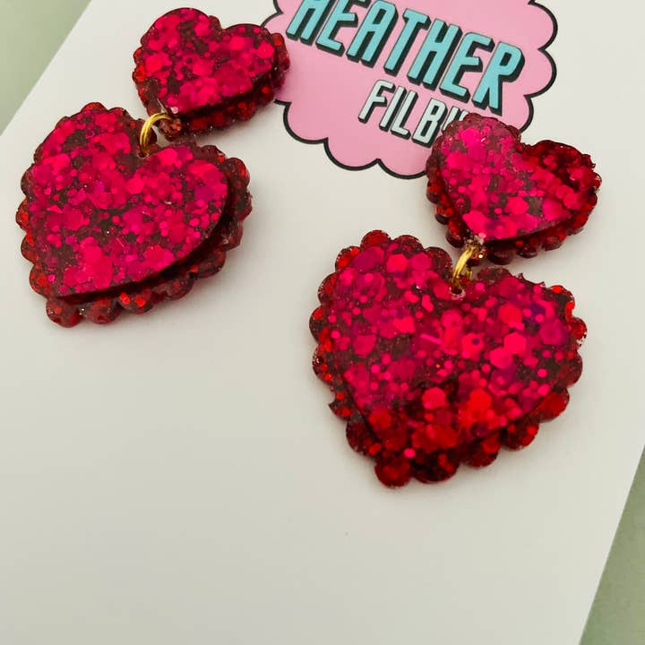 By Heather Filby - Wholesale Dangle Earrings - Frilly Double Heart Glitter Resin Earrings (More Colours)8