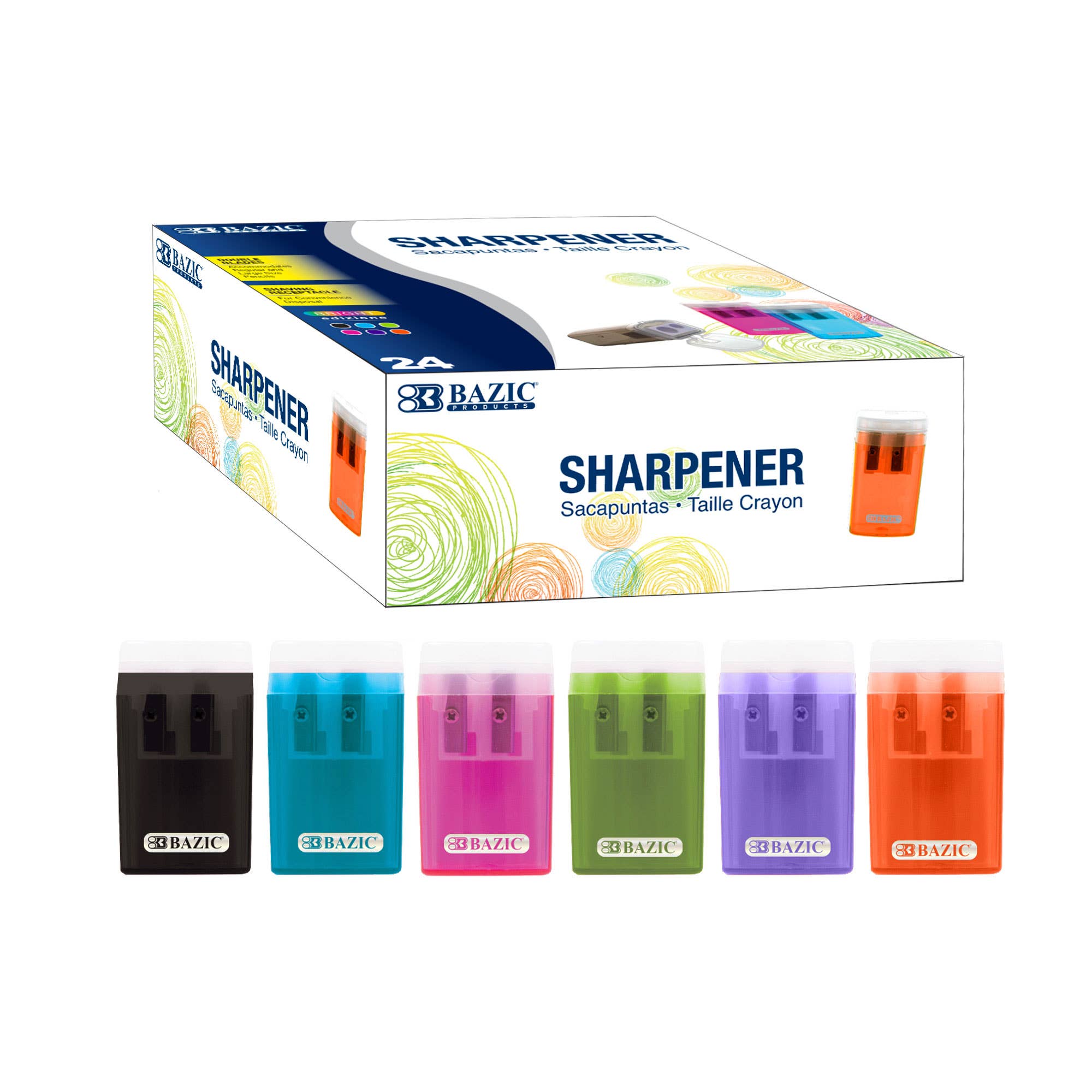 BAZIC Products - Wholesale Pencil Sharpener - Dual Blades Sharpener w/ Lid & Receptacle