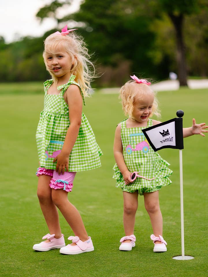 Posh Pickle - Wholesale Bodysuit (Non-Footed) - Baby - Fore! Girls' Tie Shoulder Gingham Bubble with Golf Cart Applique4