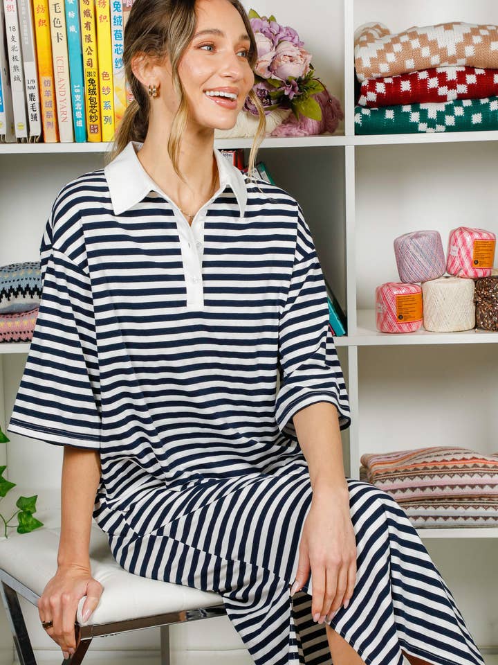 Navy Collared Drop Shoulder Striped Printed Polo Dress VD82307 for wholesale on Faire0
