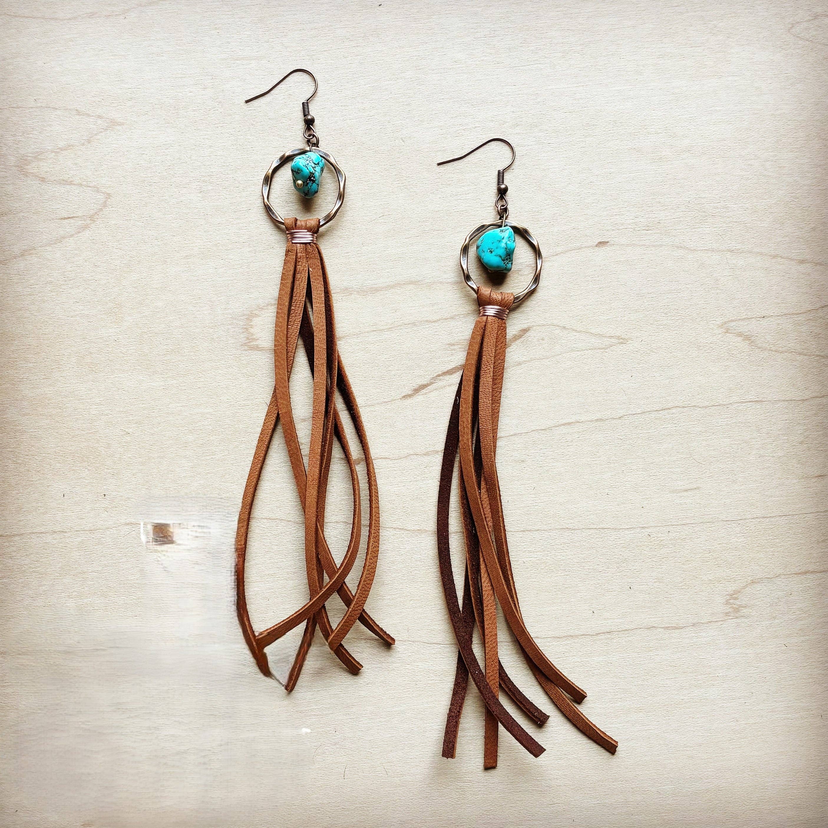 The Jewelry Junkie - Wholesale Tassel Earrings - Turquoise Drop Earrings w/ Suede Leather Tassel 202s1