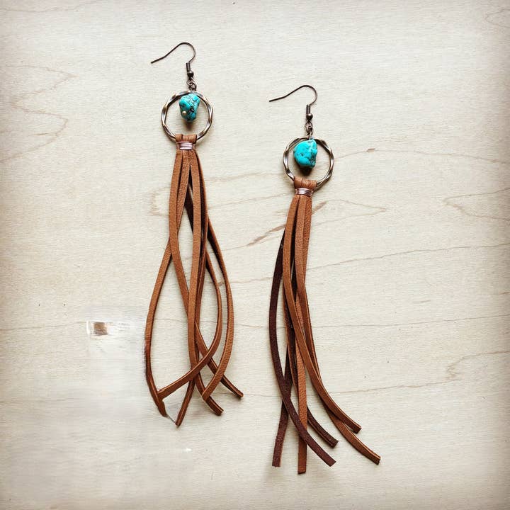The Jewelry Junkie - Wholesale Tassel Earrings - Turquoise Drop Earrings w/ Suede Leather Tassel 202s1