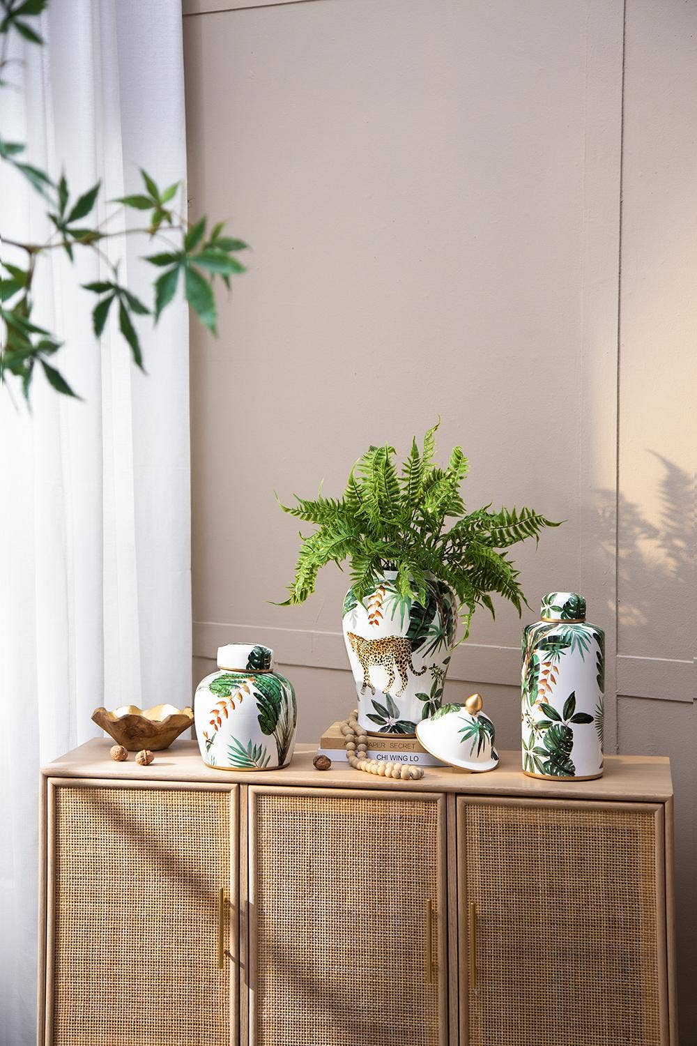 A&B Home Group Inc. - Wholesale Decorative Jar - D9.5x18" White and Green Leaf Pattern Ginger Jar5