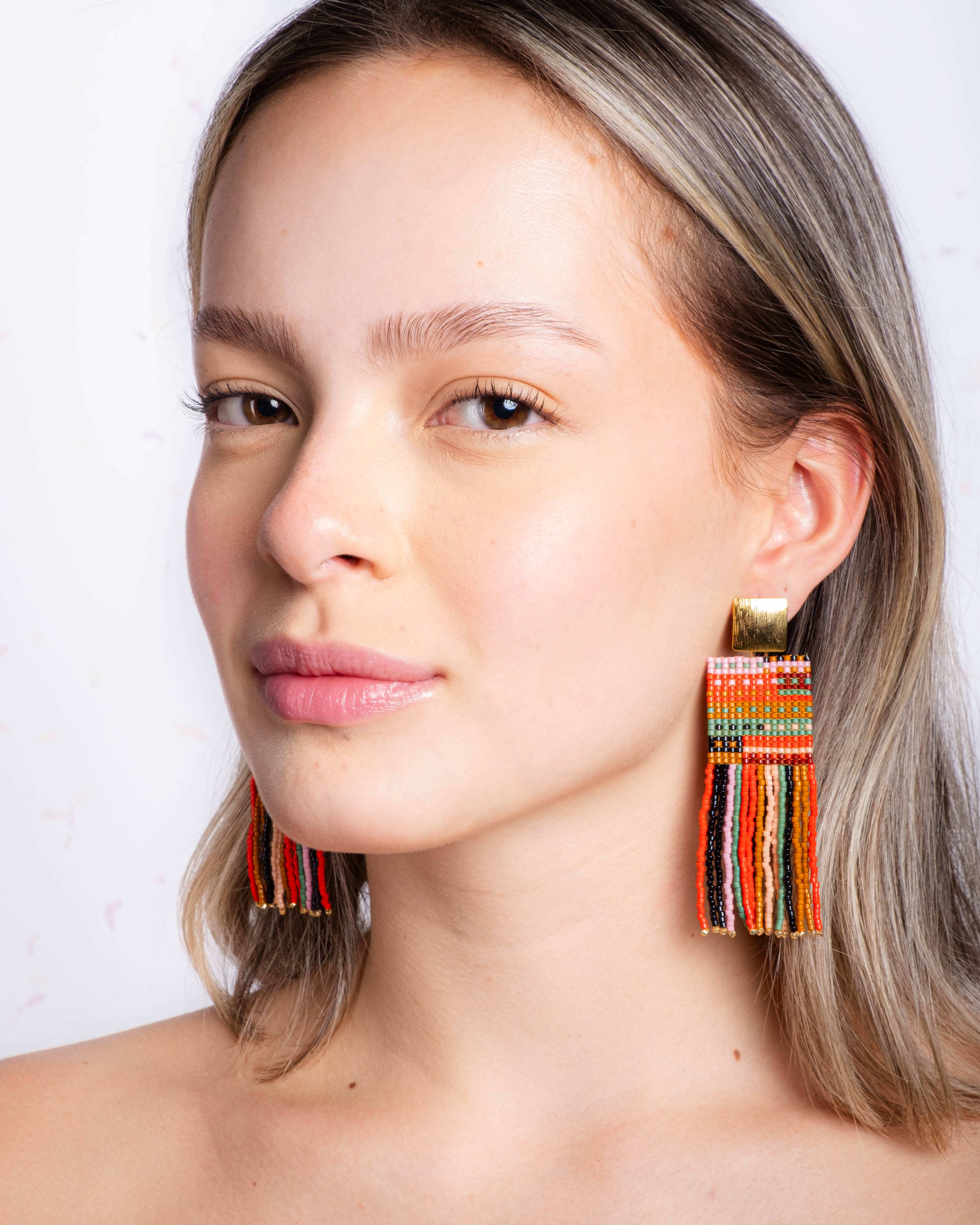 Mayana Designs Co - Wholesale Tassel Earrings - Beaded Handwoven Striped Knit Fringe Earrings (Warmed Earth)4