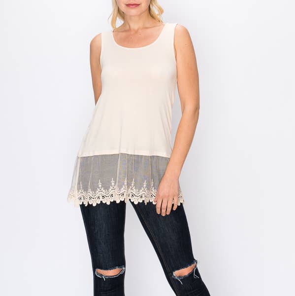 Soft Relaxed Tank With Delicate Floral Laced Hem - T08 BEIGE for wholesale by Origami Apparel ~ Lace and Crochet inspired