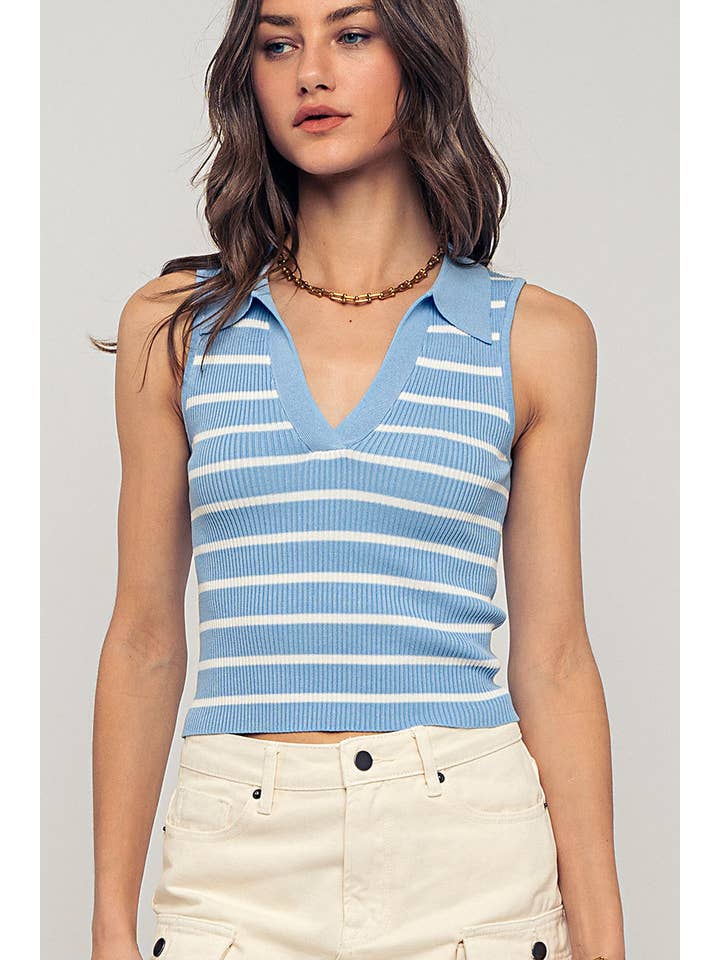 Urban Daizy - Wholesale Knit Top - Women's - Retro Preppy Striped V Neck Sleeveless Ribbed Polo Crop Top