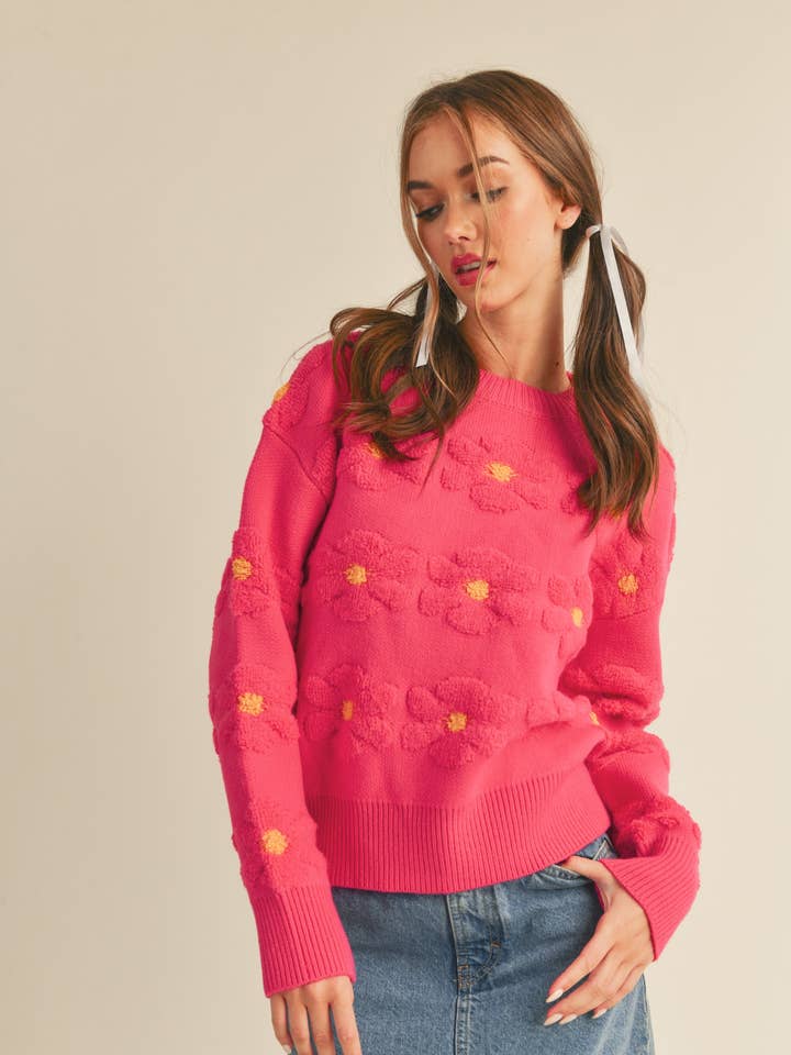 PINK YELLOW SHERPA FLORAL STRIPE SWEATER MSW10279 for wholesale on Faire5