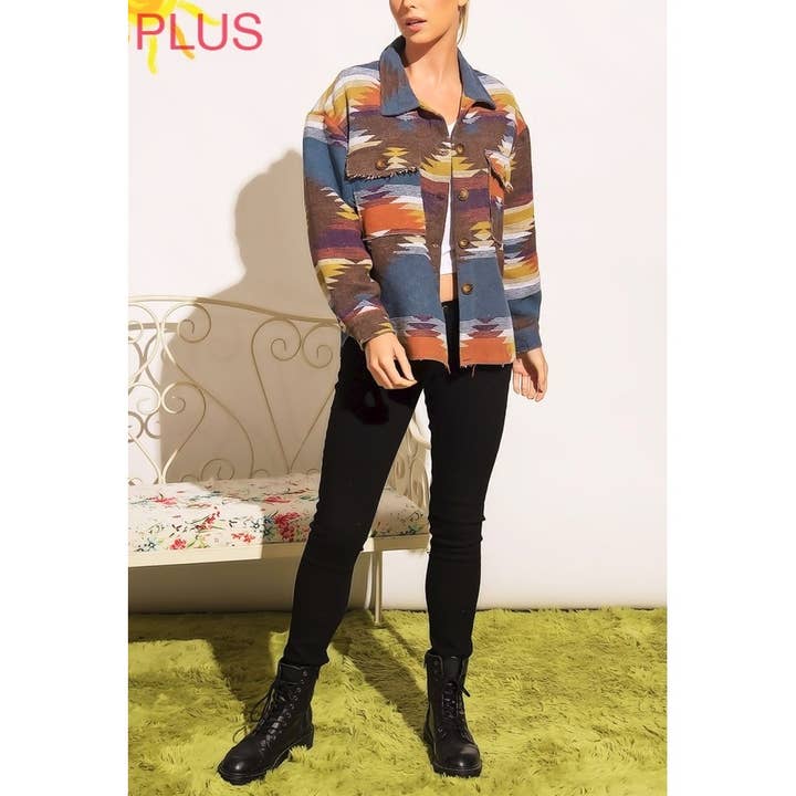 Coloring You – Engroshandel Skjortejakke/shacket – til kvinder – TRIBAL AZTEC MØNSTER KNAP NED SHACKET13