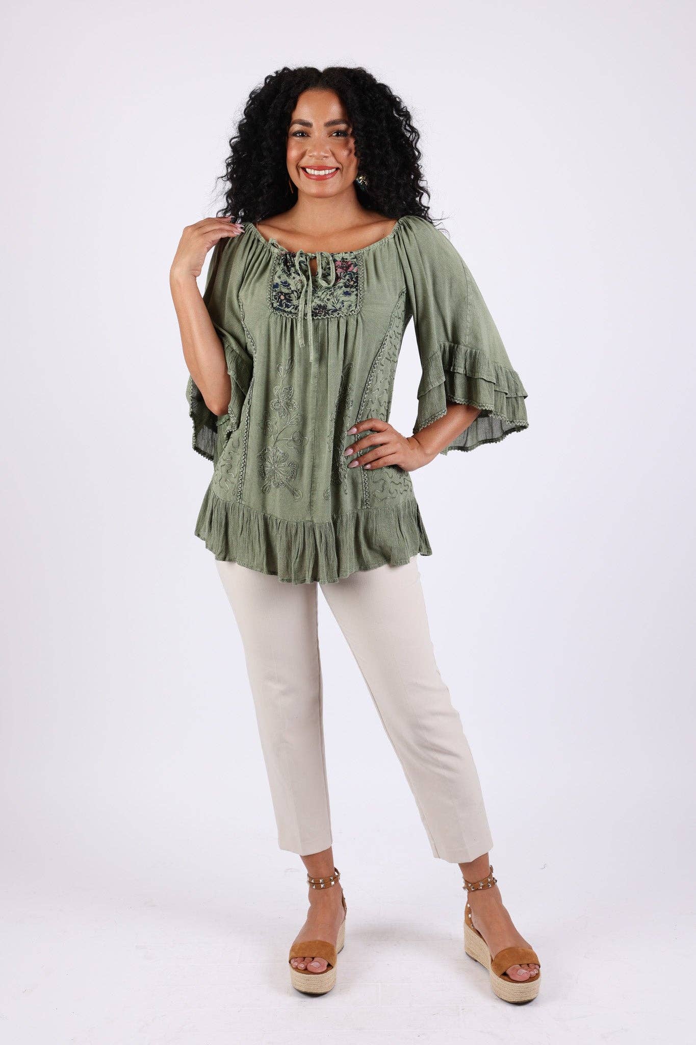 Sacred Threads - Wholesale Blouse - Women's - Embroidered Boho Peasant Blouse: Ruffle Bell Sleeves Top9