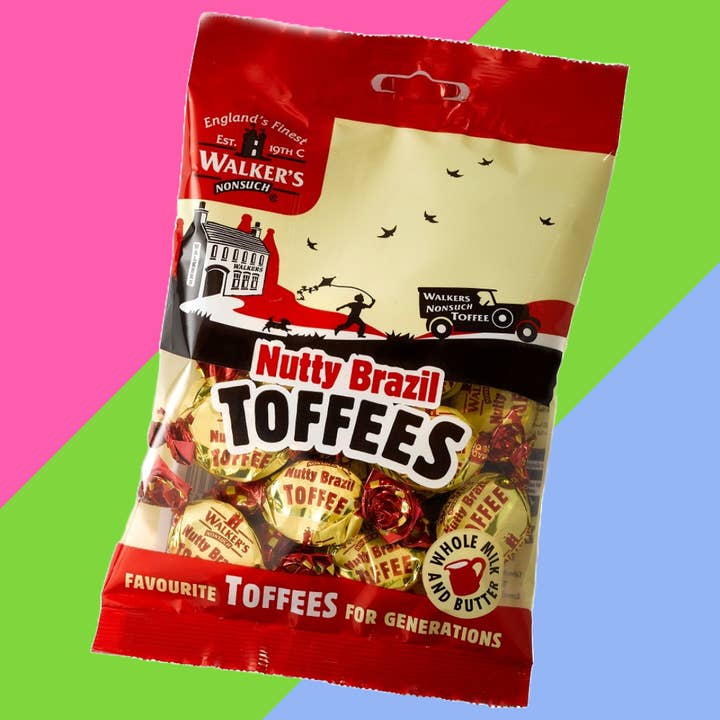 Walker's Nonsuch Nutty Brazil Toffees Bag 12x150g for wholesale by Gaffney's Sweets & Treats Wholesale