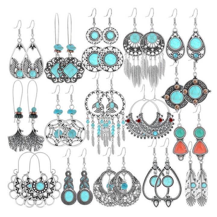 Simple Tribal Flower Teardrop Circle Turquoise Earring Set for wholesale by Halcyon Outfitters®