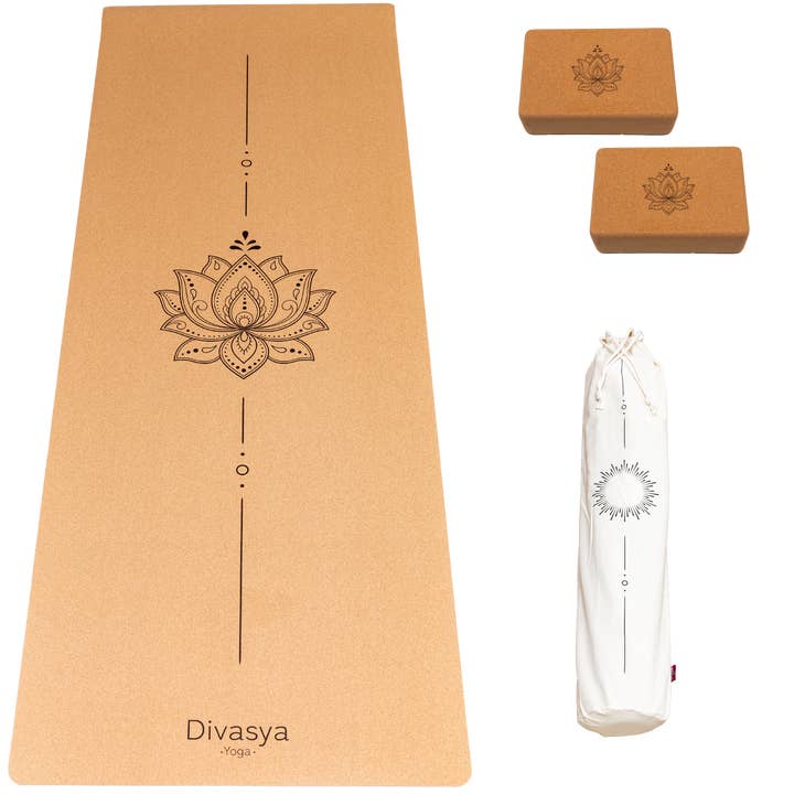 Yoga Starter Set: Cork Yoga Mat with 2 Blocks & Accessories for wholesale by Divasya