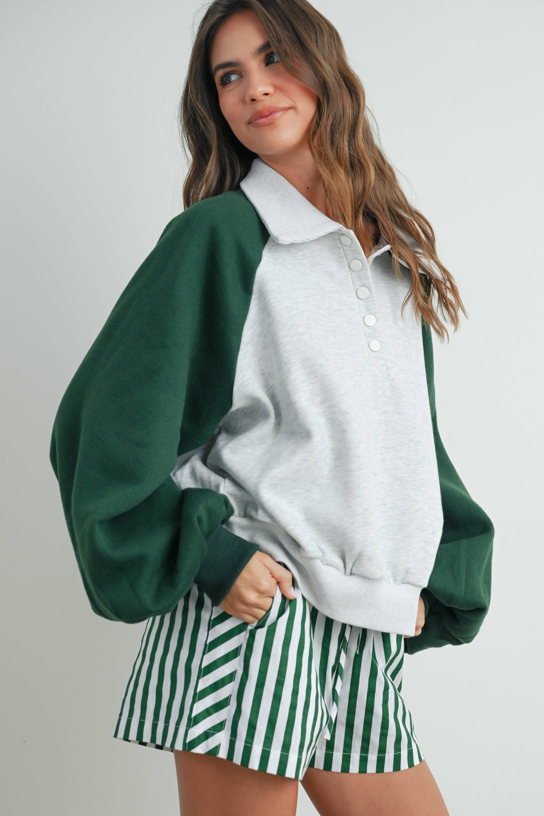 BUTTERMELON - Wholesale Sweatshirt - Women's - Color Block Classic Polo Sweatshirt - BMT758810