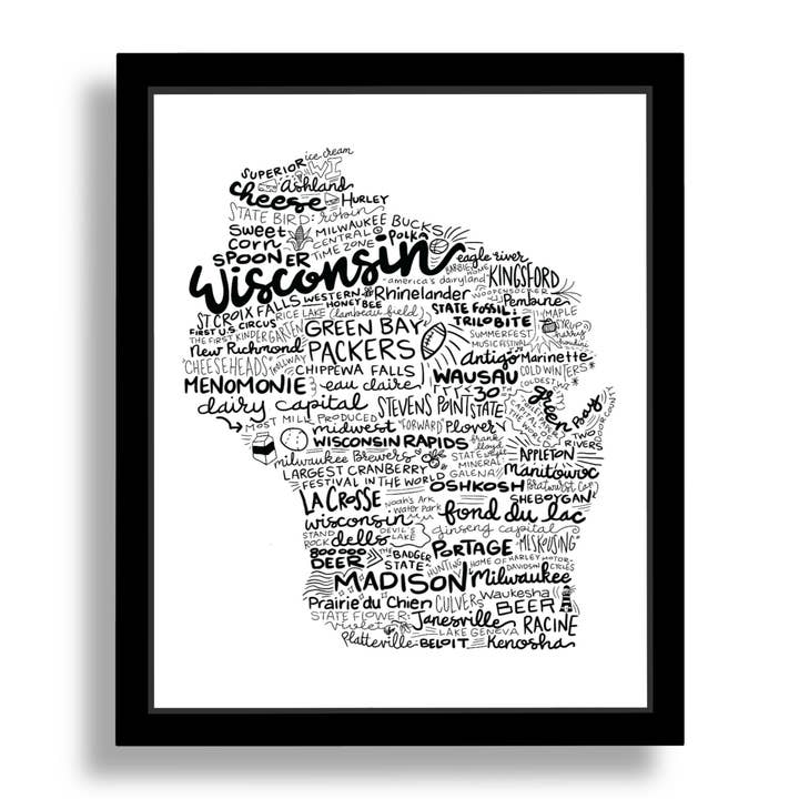 Handbeschrifteter Typografischer Landkarten-Kunstdruck von Wisconsin für den Großhandel von Living Vertical Shop