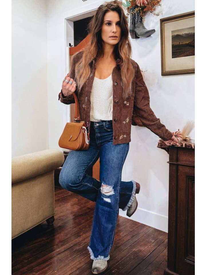 Coffee Floral Corduroy Embroidered Button-Front Jacket for wholesale on Faire4