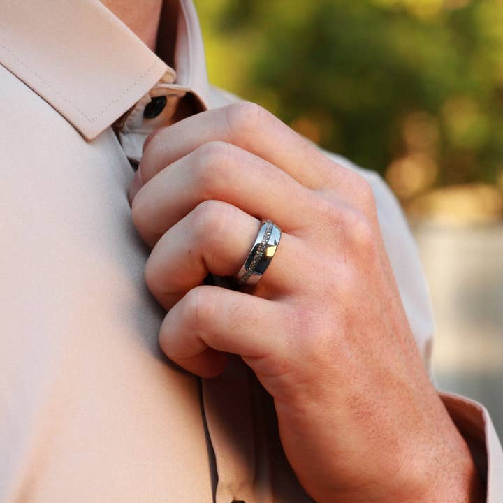 Redwood Rings - Wholesale Band/Stacked Ring - Silver Tungsten Ring With Lab-Grown Diamond Strip - 8MM4