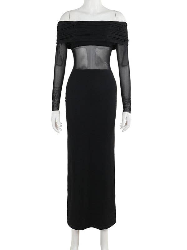 BLACK Long Sleeves Skinny Pleated See-Through Solid Color Split-Joint Off-The-Shoulder Evening Dresses Maxi Dresses for wholesale on Faire4