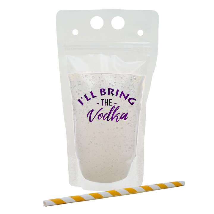 Funky Junque - Wholesale Drinking Glass/Cup - Drink Pouch with Straw - I'll Bring the Vodka (Shiny Purple)