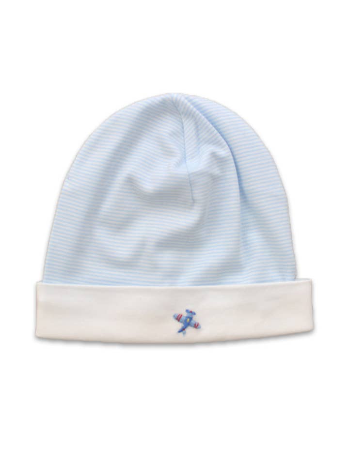 Blue Striped Airplane Baby Boy Hat for wholesale by Baby Threads