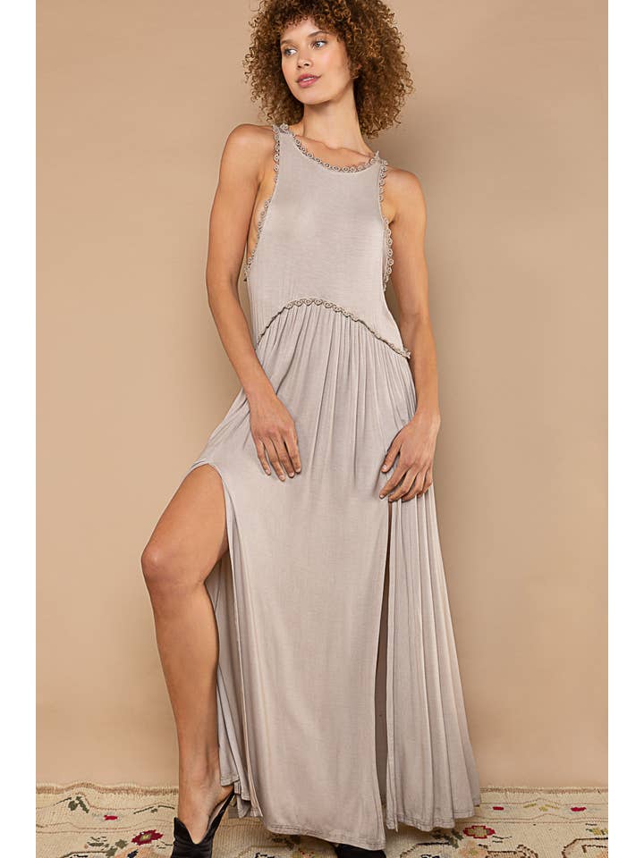 Pol Clothing - Wholesale Dress - Women's - Sleeveless racerback back zipper front slit knit maxi dress