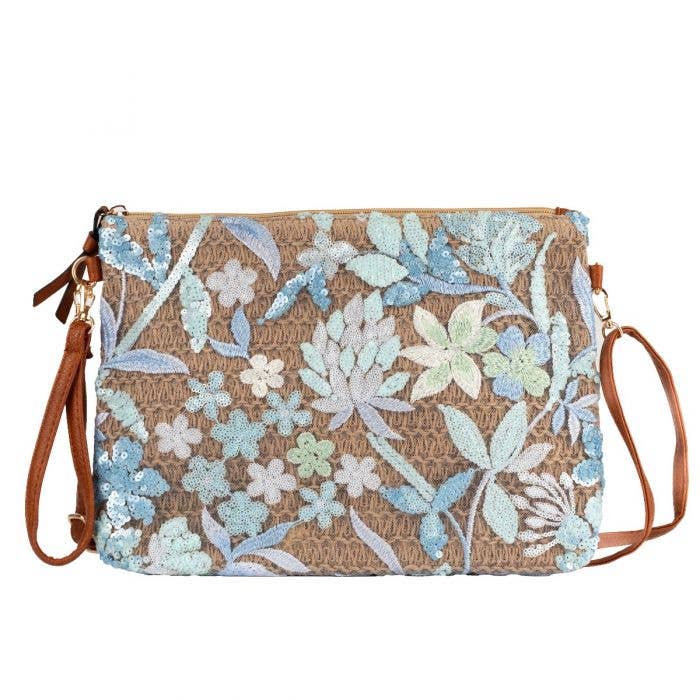 Textured Straw Clutch with Flowers Sequins A214 for wholesale by PEACH ACCESSORIES