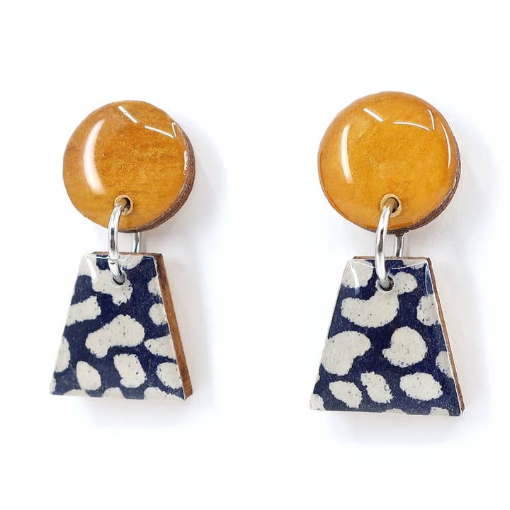 Ochre and Navy geometric titanium small drop earrings for wholesale by autumn + tree