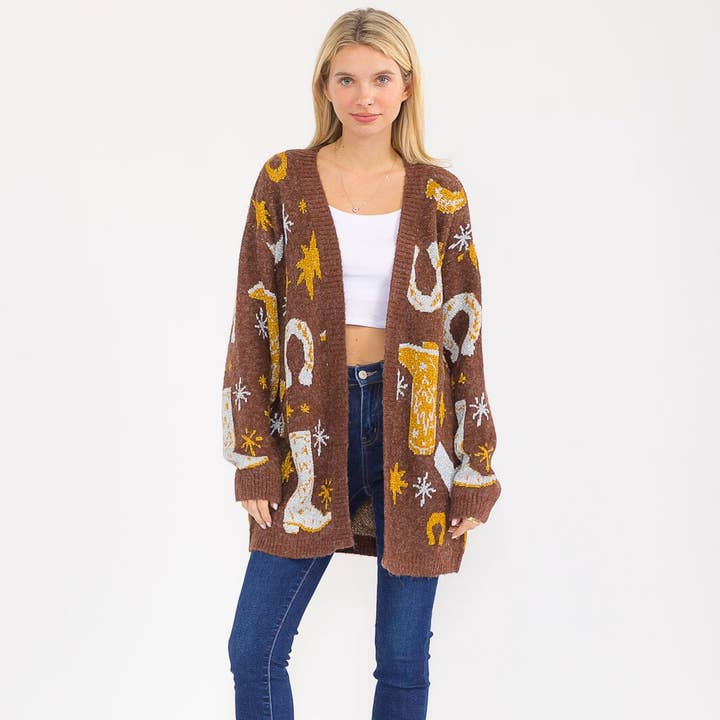 J21407- Cowboy boot & horseshoe pattern knit sweater for wholesale by IWT Brands