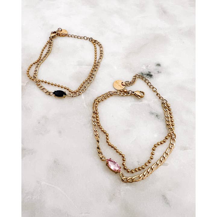Beljoy - Wholesale Link & Chain Bracelet - Bubble Gemstone Double Chain Bracelet || Choose Color