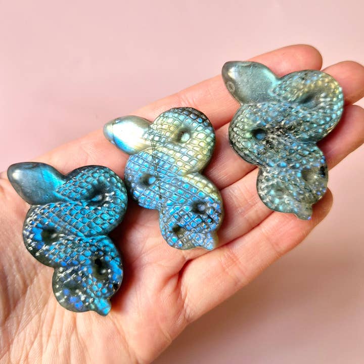 Gemstone Flashy Labradorite Snake Carving (5 cm) – Snake Wisdom & Strength for wholesale by Moonlight Gemstones