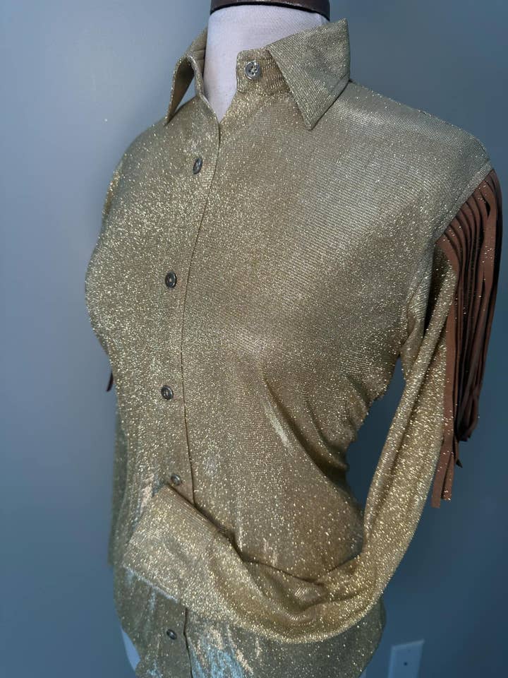 Golden Cowgirl Fringe Barrel Racing Show Shirt for wholesale by The Ranch Equestrian Apparel & Accessories