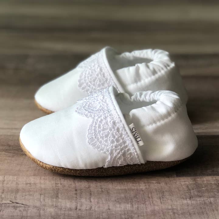 White Lace Strip Moccasins for wholesale by Trendy Baby Mocc Shop