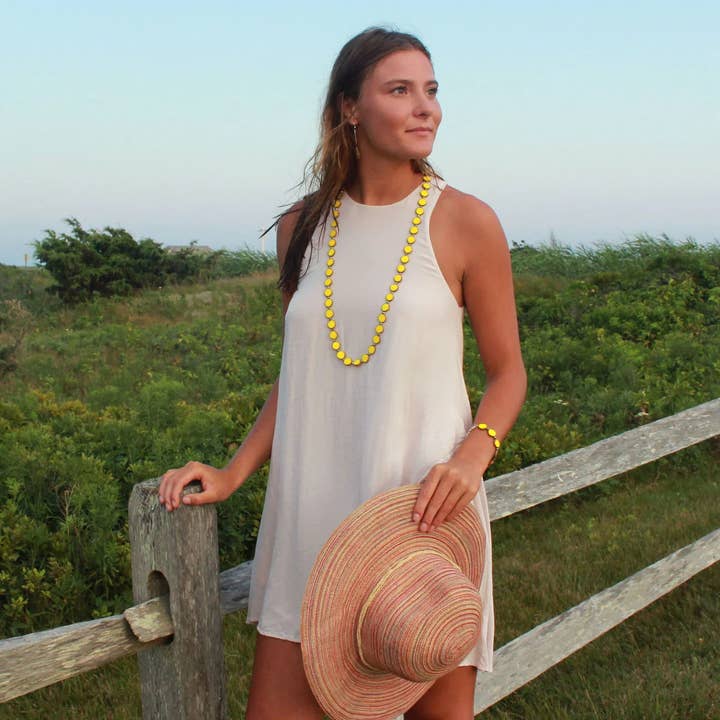 Yellow 38" Long Circle Beaded Statement Necklace for wholesale by Stefanie Wolf Designs