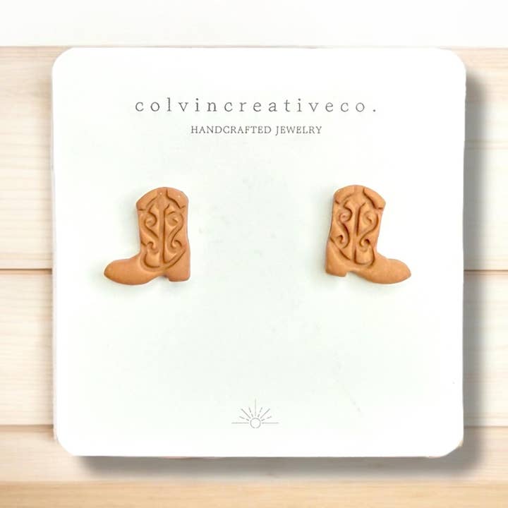 Handmade Polymer Clay Cowboy Boot Stud Earrings for wholesale by colvincreativeco.