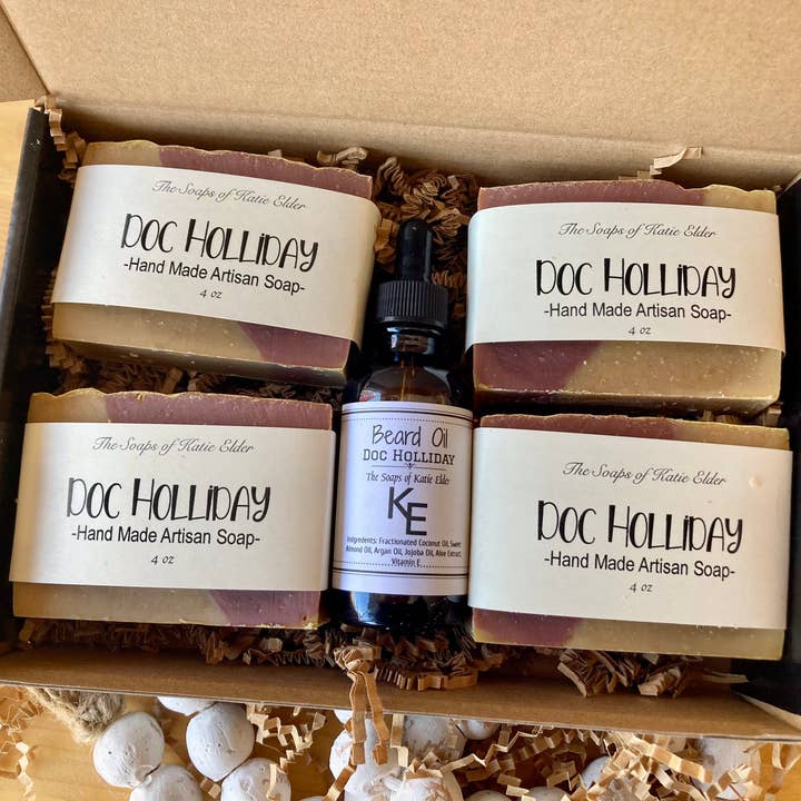 Caja de regalo Doc Holliday para hombre, barra de jabón, aceite para barba, 4 onzas para venta al por mayor de The Soaps of Katie Elder